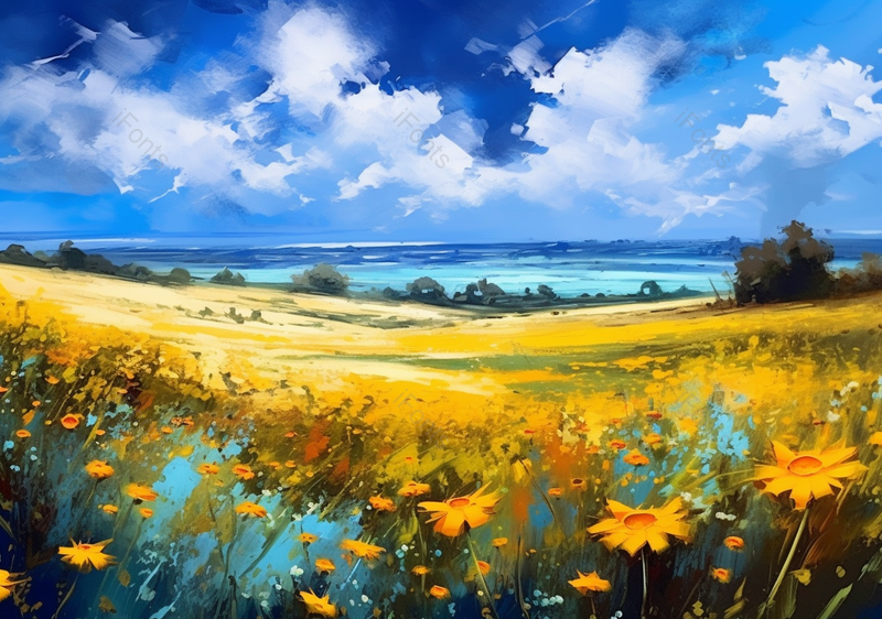 黄色野花丛田野小路夏日蓝天田园风格自然油画,插画/手绘图,插画/手绘图库,插画/手绘图下载,插画/手绘